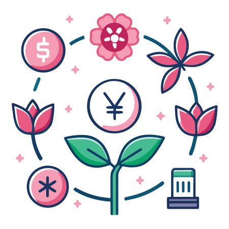 a colorful vector illustration depicting currency symbols stylized flowers and plant elements symbolizing growth and financial prosperityのイラスト素材