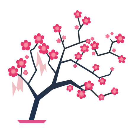 a stylized illustration showcases a blossoming cherry tree branch with vibrant pink flowers and dark brown branches against a white backgroundのイラスト素材