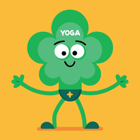 a cheerful green cartoon character shaped like a clover with the word yoga displayed promoting wellness and healthy activitiesのイラスト素材