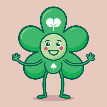a cheerful cartoon character resembling a four leaf clover with a friendly smile and outstretched arms radiating positivityのイラスト素材