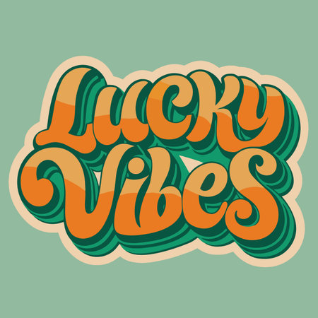 a vibrant retro style graphic displaying the words lucky vibes in layered orange and green hues with a white outlineのイラスト素材