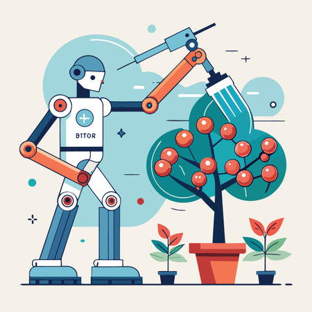 a stylized illustration depicts a futuristic robot tending to a small tree laden with vibrant red fruit in a modern settingのイラスト素材