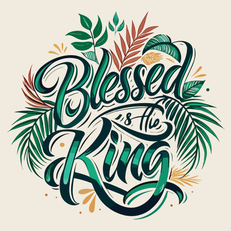 a beautiful and vibrant graphic design featuring the handwritten word blessed surrounded by lush tropical leaves and foliageのイラスト素材