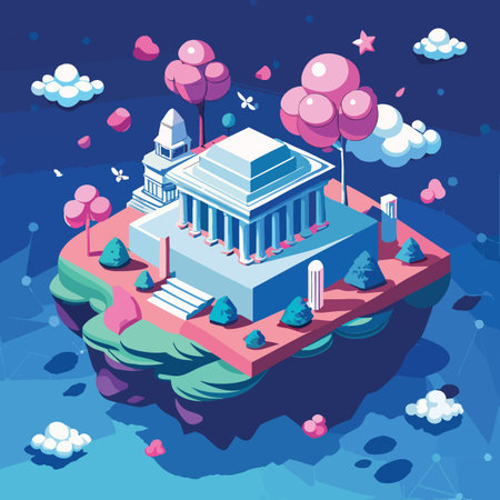 a vibrant isometric illustration depicts a stylized neoclassical building floating on a pink island with whimsical trees and starry skyのイラスト素材