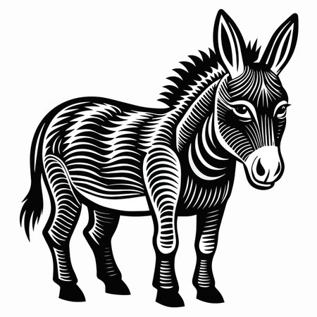 a detailed black and white illustration depicts a standing donkey with distinctive stripes and a calm gentle expressionのイラスト素材