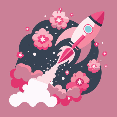 a whimsical illustration depicts a pink rocket launching through a dark space filled with delicate pink and white flowersのイラスト素材