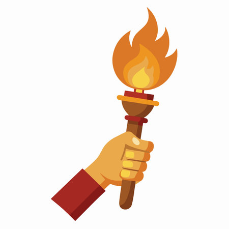 a hand holding a bright torch with vibrant orange and yellow flames illustrating light warmth and a symbolic gestureのイラスト素材