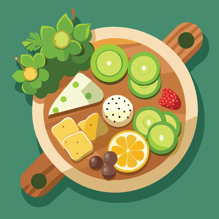a vibrant flat lay illustration showcasing a wooden board filled with various fruits cheeses and berries beautifully arrangedのイラスト素材