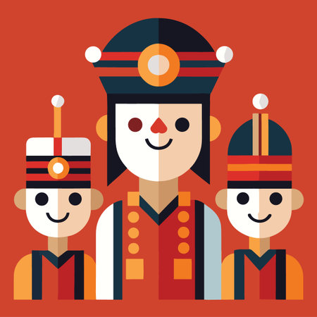 a vibrant illustration depicting three figures adorned in traditional chinese ceremonial headwear and ornate colorful attire high qualityのイラスト素材
