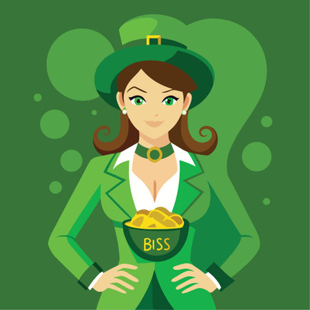 a vibrant cartoon illustration showcases a woman dressed in green holding a bowl overflowing with gold coins representing a leprechaunのイラスト素材