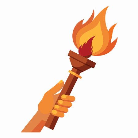 a stylized illustration depicts a hand holding a wooden torch with vibrant orange and yellow flames isolated on a white backgroundのイラスト素材