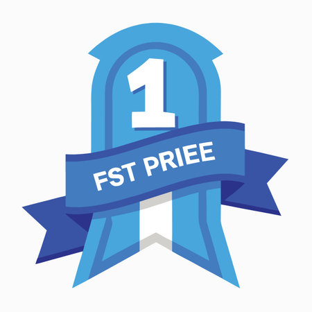 a blue ribbon badge graphic design showcasing the number one in a prominent position with a banner reading fst priee below itのイラスト素材