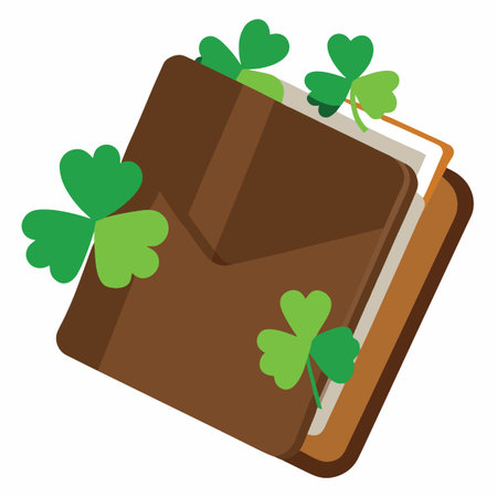 a brown wallet decorated with vibrant green clovers symbolizing luck and prosperity presented in a flat vector designのイラスト素材