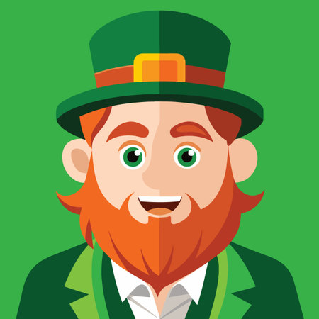 a cheerful cartoon leprechaun with a green hat red beard and a friendly smile depicted in a vector illustration styleのイラスト素材
