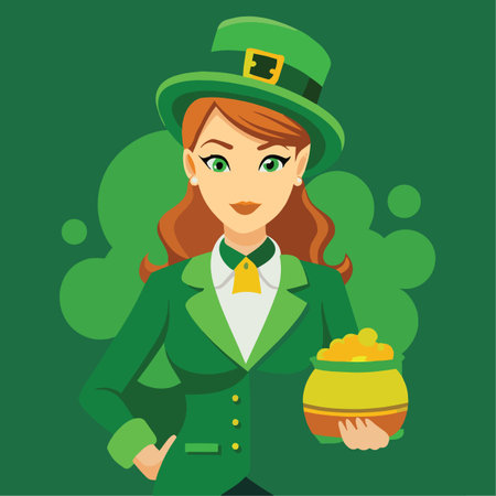 a cheerful woman wearing a green leprechaun hat and suit holding a pot of gold against a vibrant green backgroundのイラスト素材
