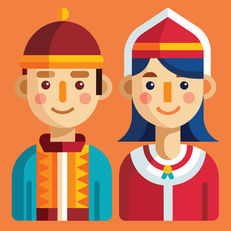 a vibrant illustration depicts two stylized figures wearing traditional headwear and colorful clothing showcasing cultural heritage high qualityのイラスト素材