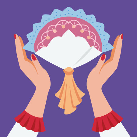 a colorful illustration depicts hands gracefully holding a decorative fan with intricate floral patterns and a golden tassel detailのイラスト素材