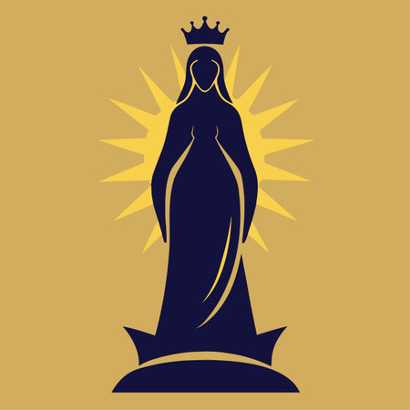 a stylized silhouette of a woman in a long gown standing on a pedestal illuminated by radiant sunburst rays against a golden backgroundのイラスト素材
