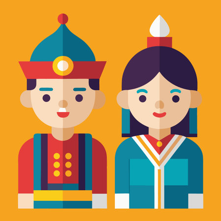 a vibrant flat illustration depicting a traditional korean couple in ornate ceremonial attire with detailed headwear and colorful garmentsのイラスト素材