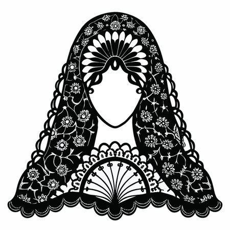a detailed black and white illustration depicts a woman adorned with an elaborate floral patterned headpiece and shawl showcasing intricate designのイラスト素材