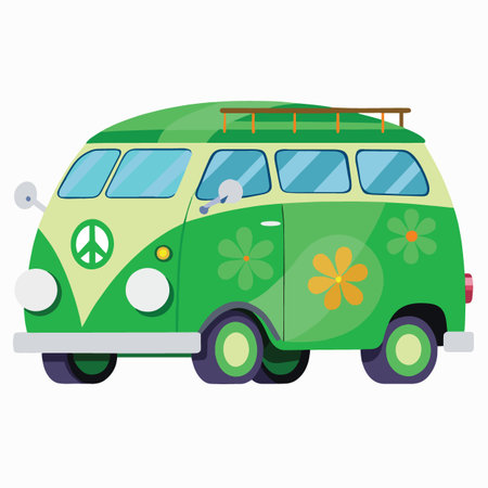 a colorful cartoon illustration depicts a classic green and cream vintage hippie van with floral decorations and a roof rackのイラスト素材