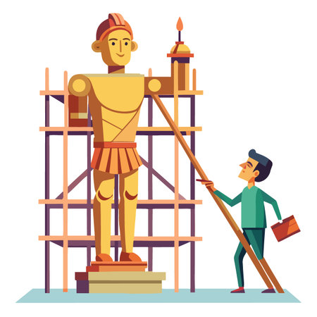a construction worker meticulously repairs and restores a colossal roman statue while utilizing scaffolding for precise adjustmentsのイラスト素材