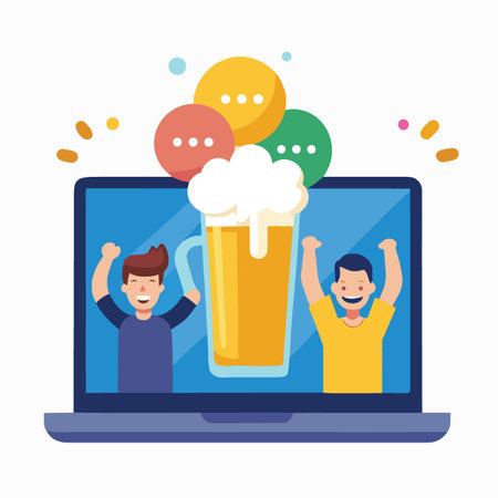 a cheerful illustration depicts two men celebrating with beer and bubbles on a laptop screen promoting virtual gatheringsのイラスト素材