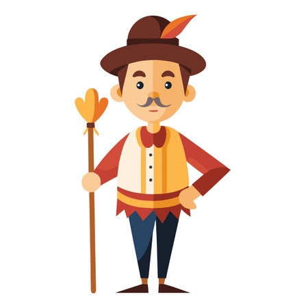 a cartoon illustration depicts a man wearing a traditional hat vest and holding a decorative staff standing against a white backgroundのイラスト素材