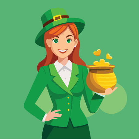 a cheerful irish woman in a green suit and hat happily presents a golden pot overflowing with glittering coins and treasuresのイラスト素材
