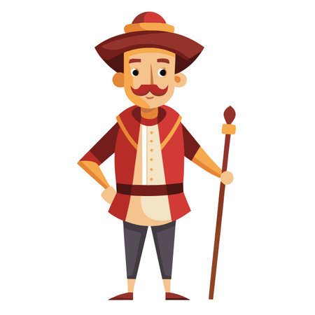 a cartoon illustration depicts a man wearing a traditional red hat and red vest holding a wooden staff with a decorative topのイラスト素材
