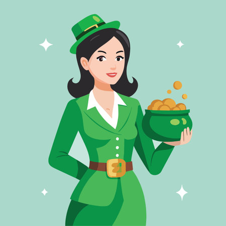 a cheerful woman wearing a green suit and hat smiles while holding a pot overflowing with gold coins a st patrick s day themeのイラスト素材