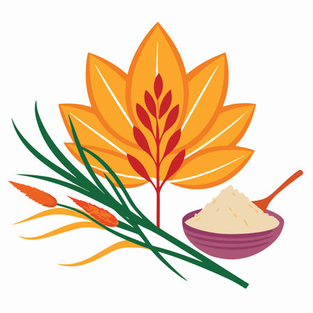 a stylized illustration showcasing saffron threads a bowl of saffron powder and sprigs of green leaves representing culinary ingredientsのイラスト素材