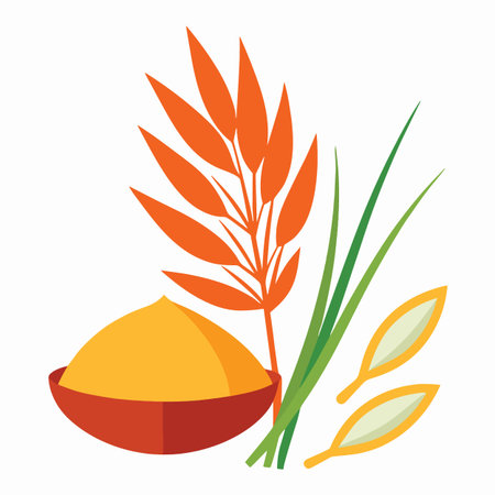 a vibrant illustration showcasing turmeric powder a bowl and stylized wheat stalks with orange and green huesのイラスト素材