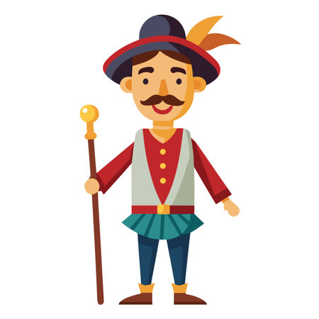 a cartoon illustration depicts a man dressed as a traditional spanish gentleman complete with hat mustache and a decorative walking stickのイラスト素材
