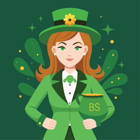 a charming illustration depicts a woman wearing a green hat and suit holding a pot with sparkling stars and leafy accentsのイラスト素材