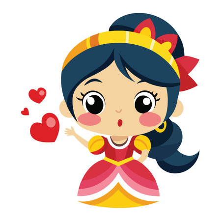 a cute cartoon illustration of a young girl wearing a yellow headband and a red princess dress with floating hearts around herのイラスト素材