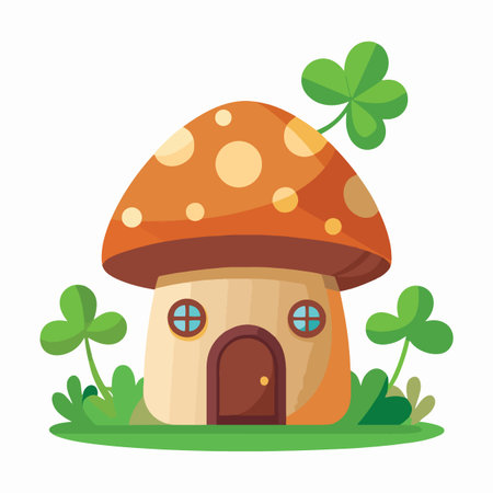 a whimsical illustration showcases a charming mushroom house with a rounded cap small windows and surrounding green foliage and clover leavesのイラスト素材