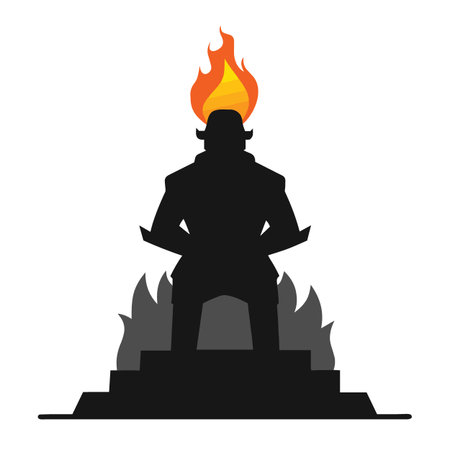 a silhouette of a man in a suit with a fiery flame atop his head set against a backdrop of stylized foliage and a tieredのイラスト素材