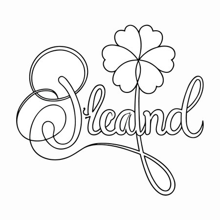 a black and white line drawing depicts the word ireland intertwined with a delicate four leaf clover symbol beautifully renderedのイラスト素材