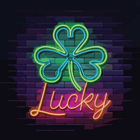 a vibrant neon green shamrock clover with a bright orange lucky text against a dark purple brick wall backgroundのイラスト素材