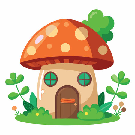 a charming illustration depicts a whimsical mushroom house with windows a door and surrounding greenery creating a fairy tale sceneのイラスト素材