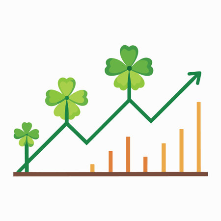 a vibrant illustration depicting growth with green clovers sprouting and ascending alongside a rising graph and barsのイラスト素材