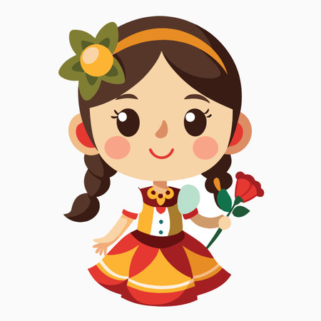 a charming cartoon illustration of a young girl in traditional attire holding a flower and appearing cheerful and delightfulのイラスト素材