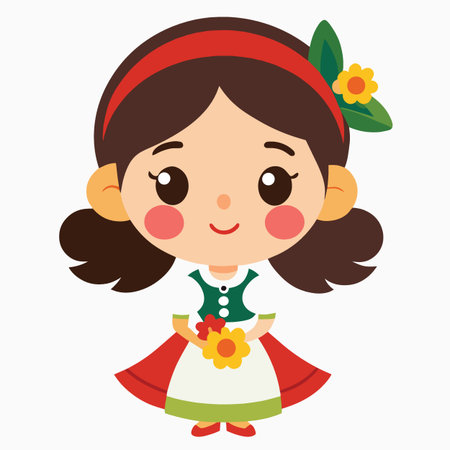 a cute cartoon illustration of a young girl with brown hair a red headband and a floral decoration on her headのイラスト素材