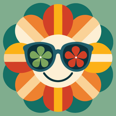 a vibrant and playful illustration showcasing a flower faced character wearing stylish sunglasses and a cheerful smileのイラスト素材