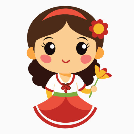 a cute cartoon girl with brown hair a red headband a flower on her hair and a flower in her handのイラスト素材