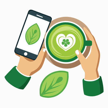 a stylized illustration depicting hands holding a cup of matcha latte and a smartphone displaying a green leaf iconのイラスト素材