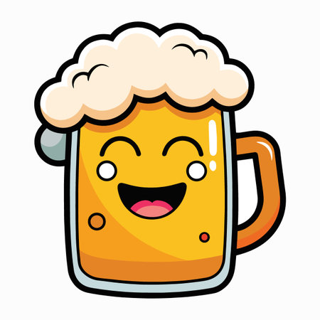 a cheerful cartoon illustration of a frosty yellow beer mug with a thick white foam head and a happy smiling faceのイラスト素材