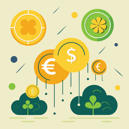 a stylized illustration showcasing financial symbols like euro dollar and clover icons floating around a small green plant designのイラスト素材