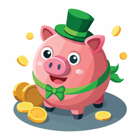 a cheerful pink pig character wearing a green top hat and bow tie surrounded by scattered gold coins symbolizing prosperity and luckのイラスト素材